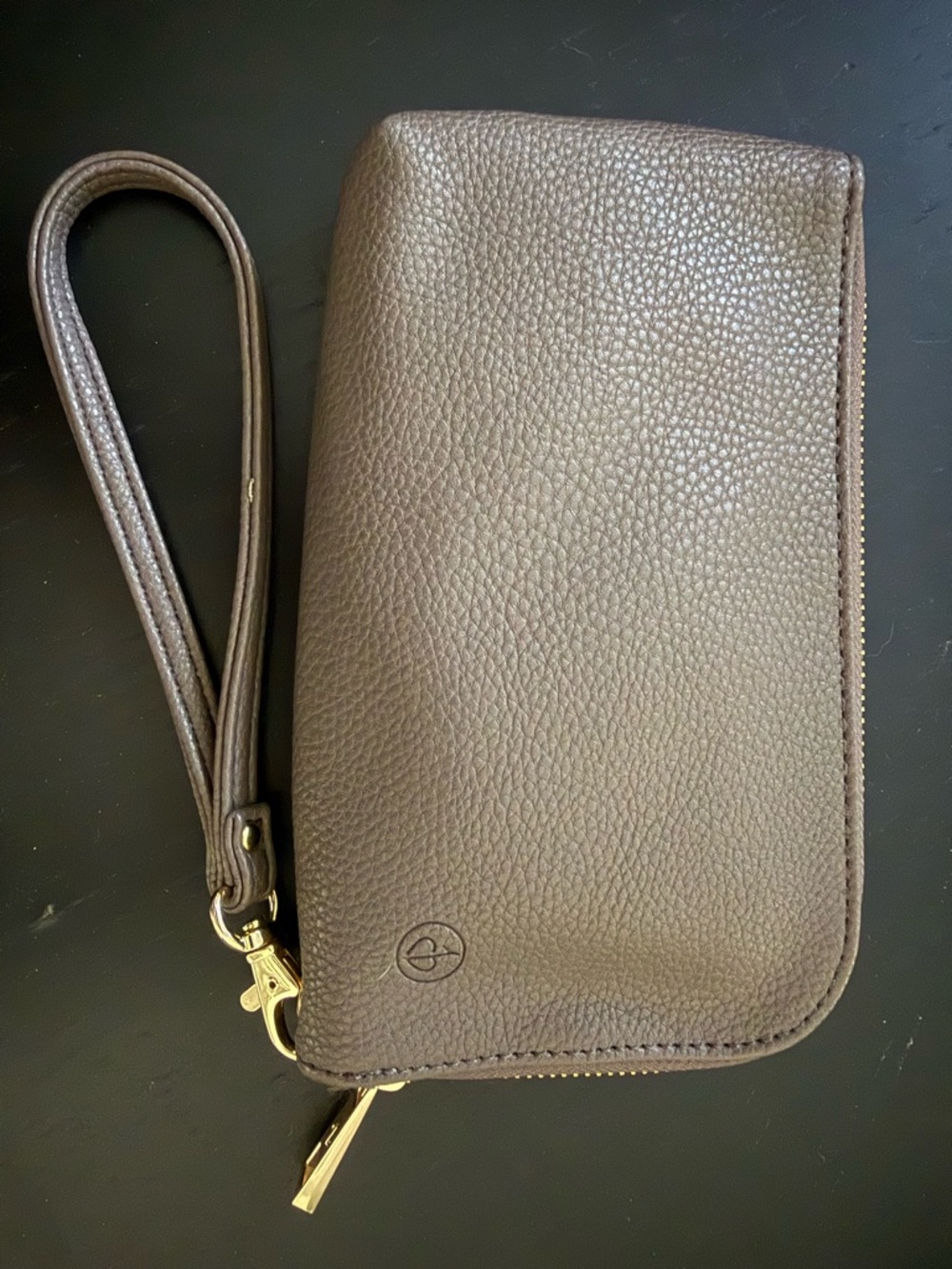 Gold-Accented Brown Pebbled Wristlet Wallet